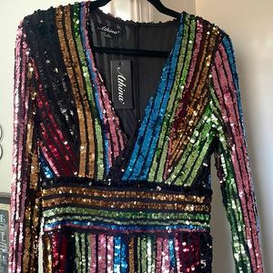 Multi-colored rainbow sequin jumpsuit- perfect for prom or formal fun- POCKETS!